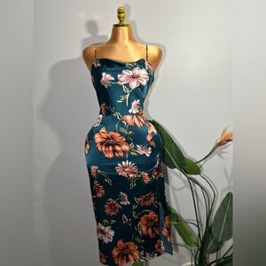 Floral Satin Slip Dress in Teal with Orange Blossoms
